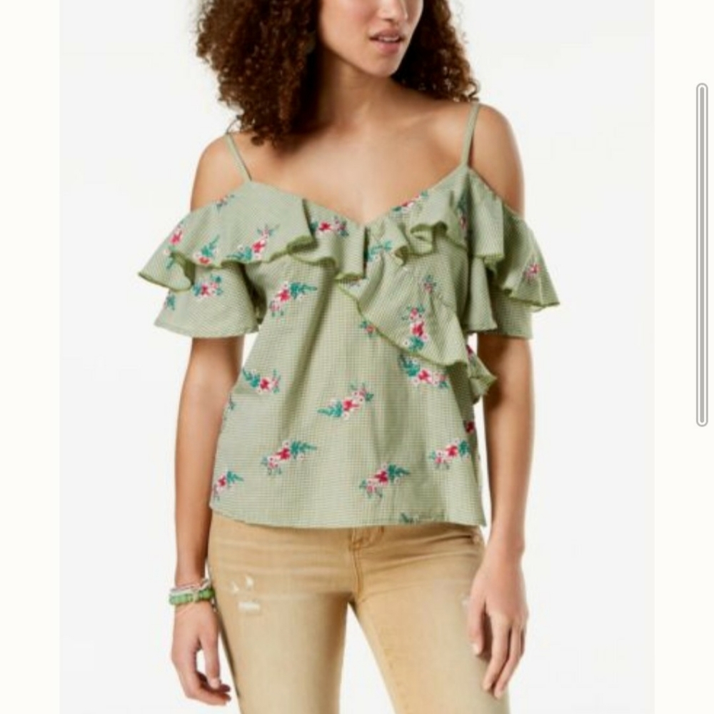 Ruffled Gingham Off-The-Shoulder Blouse - Juniors